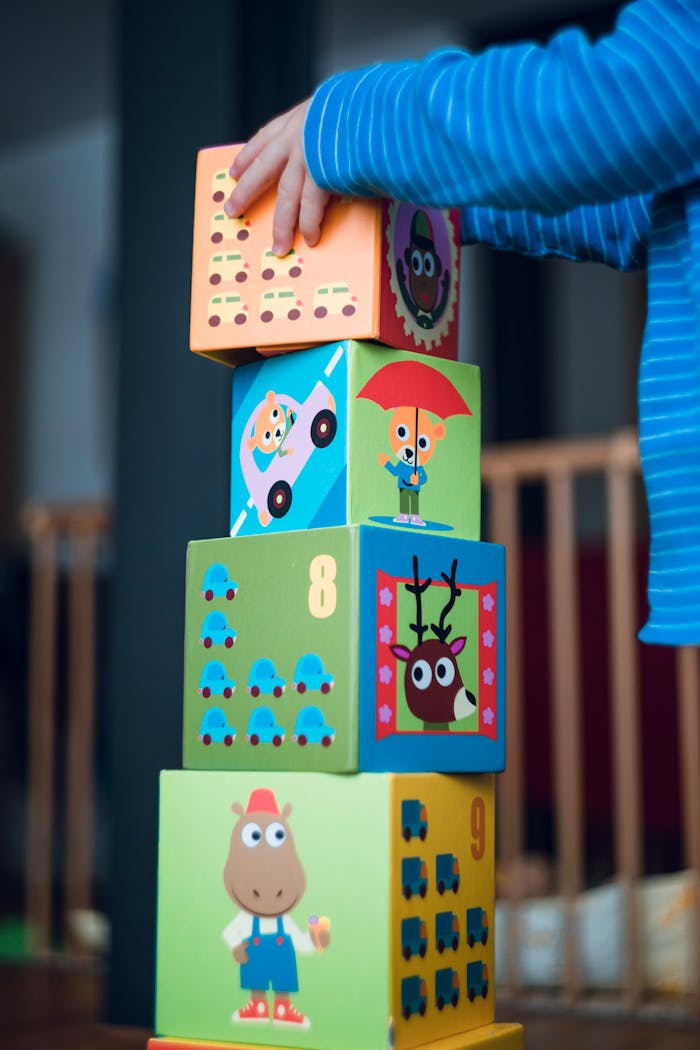 gallery-06 A child playing indoors, stacking colorful wooden toy blocks with joyful illustrations.